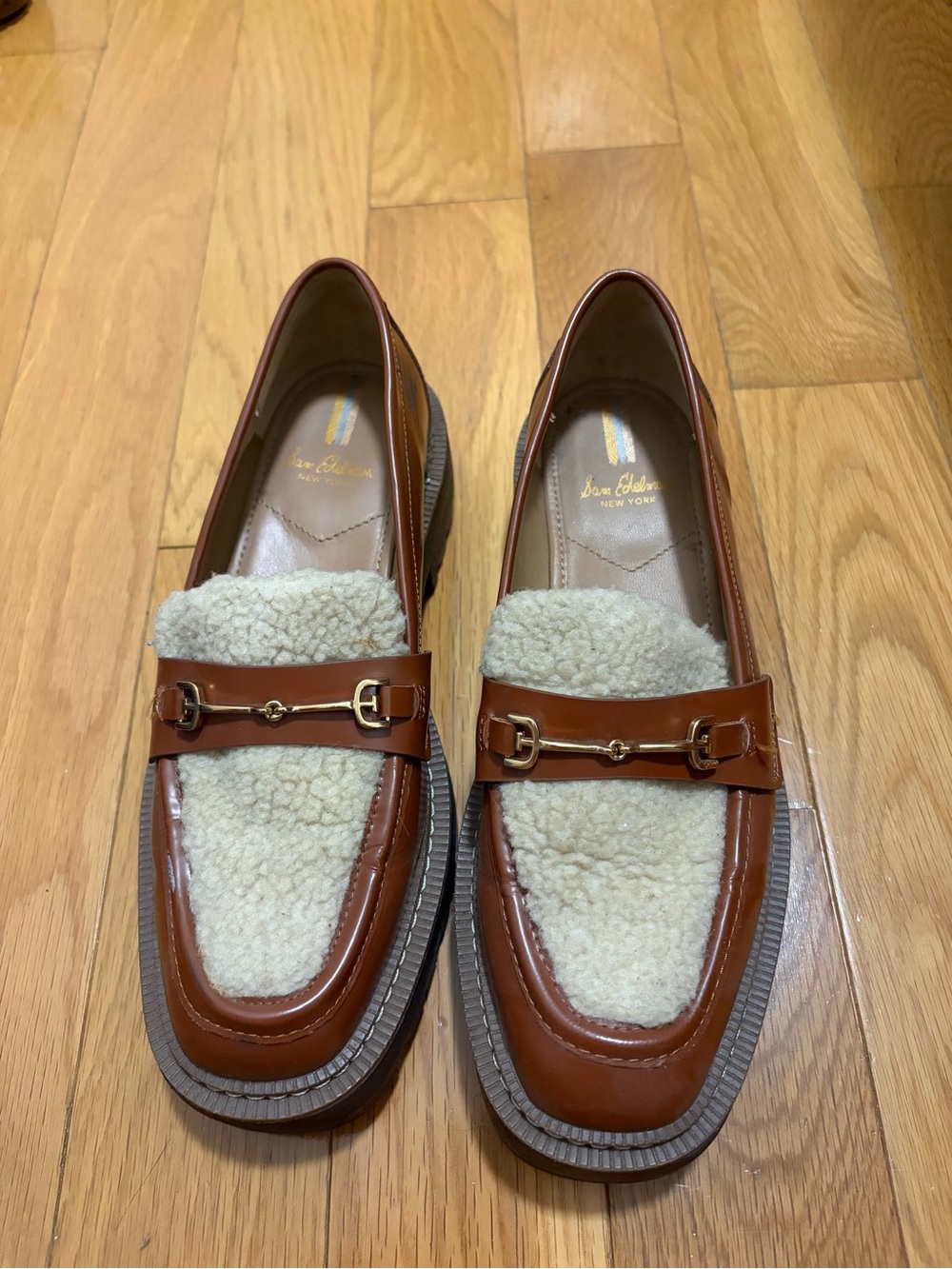 Sam Edelman Brown Leather Loafers with Cream Shearling and Gold Bit